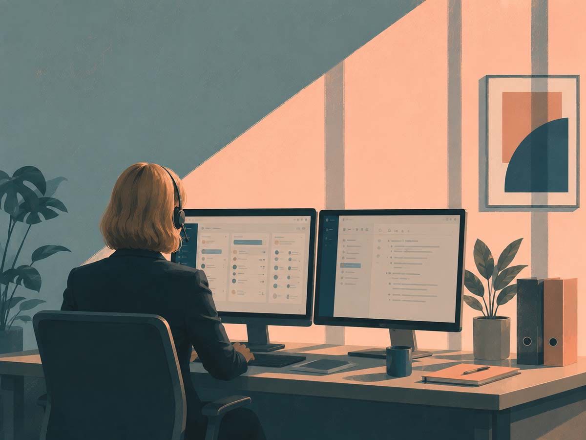 Frau am Schreibtisch telefoniert professionell – Sinnbild für die optimale Begrüßung am Telefon in der B2B-Kaltakquise